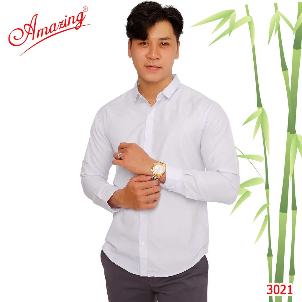 Áo sơ mi nam Amazing màu trắng, form slimfit, chất liệu lụa Bamboo mịn mát, tay dài, vạt bầu, big size