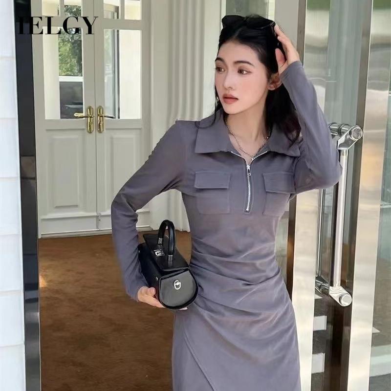 IELGY  Đầm Đen Cổ polo Tay Dài Xẻ Tà Thời Trang Cho Nữ