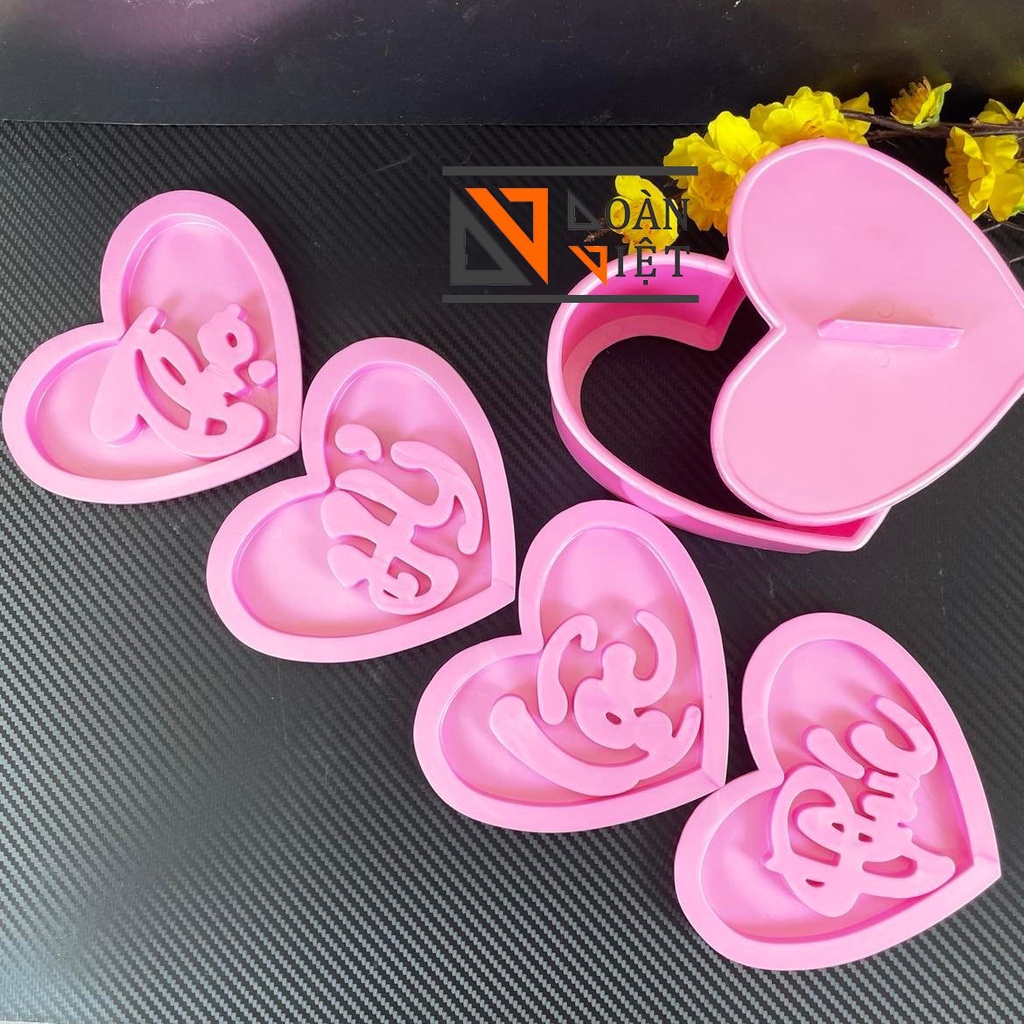 [BỘ 4 MẶT KHUÔN] Khuôn TIM NHẤN XÔI sắc nét - Bộ 4 hình PHÚC LỘC THỌ HỶ 15cm - NHỰA VIỆT NAM, AN TOÀN CHO SỨC KHOẺ
