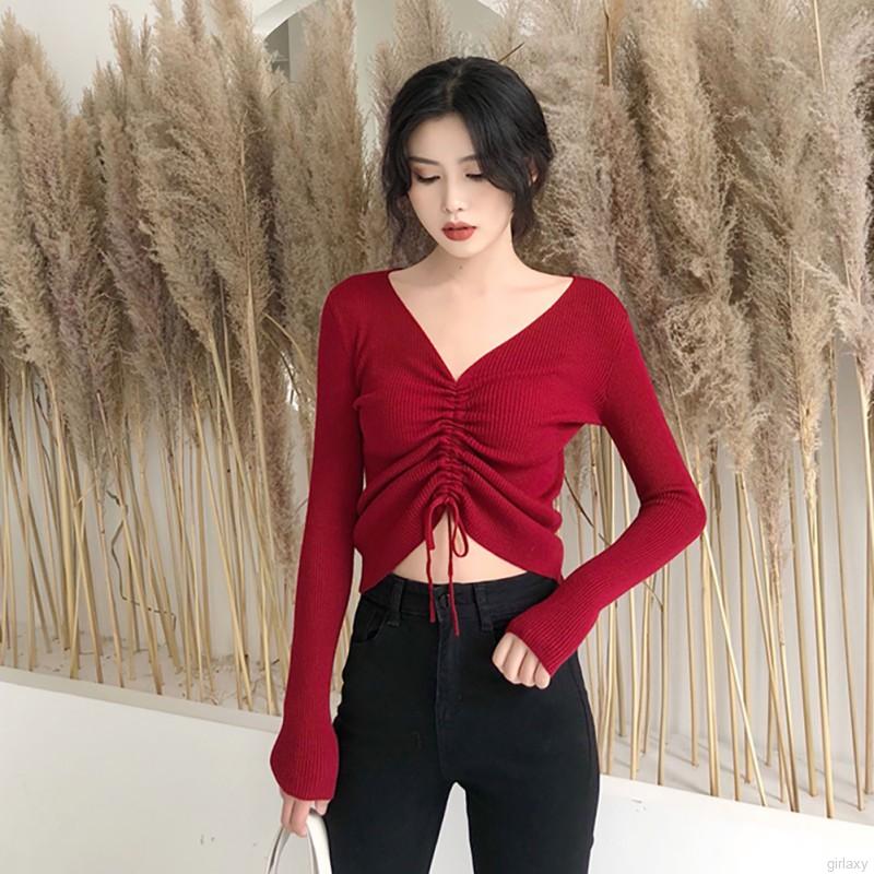 Áo Sweater Nữ Tay Dài Cổ Chữ V Màu Trơn Phong Cách Hàn Quốc | BigBuy360 - bigbuy360.vn