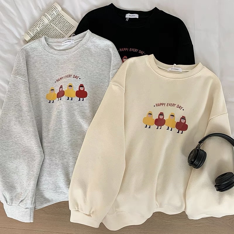 Sweater Happy Áo Sweater Nỉ Da Cá In Hình Con Gà Cổ Tròn Dáng Rộng Bo Gấu