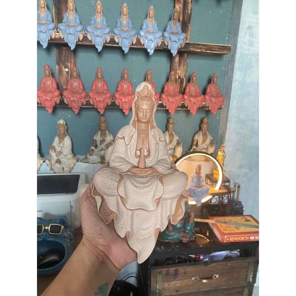 Tượng Quan Âm ngồi thiền phối 6 màu áo  23cm
