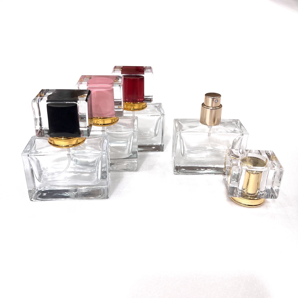 Lọ-Chai Đựng Nước Hoa 30ML Cao Cấp-Thân Vuông-Nắp Màu Trong Suốt-Dạng Phun Sương