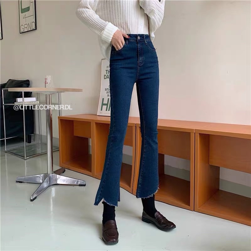 Quần Jean Ống Loe Nữ Xẻ Gấu Xéo Co dãn lưng cao quảng châu