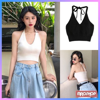 Áo yếm 2 dây hở lưng dáng croptop, Áo hai dây bản to dệt kim len tăm cổ V ulzzang Hàn Quốc C76 - MaoMao
