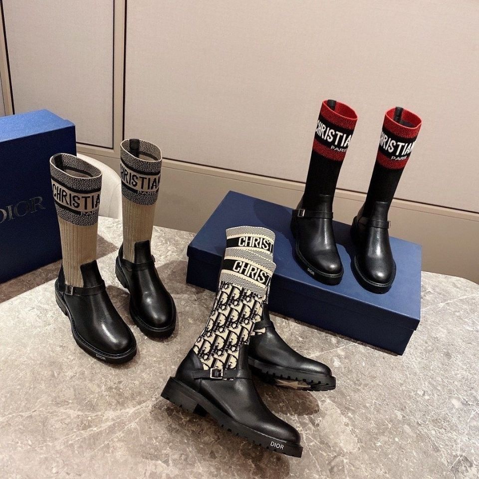 P29I DIOR letter short boots knitted embroidered boots genuine leather Martin boots Women's ins fall/winter new all-match mid-calf boots fashion