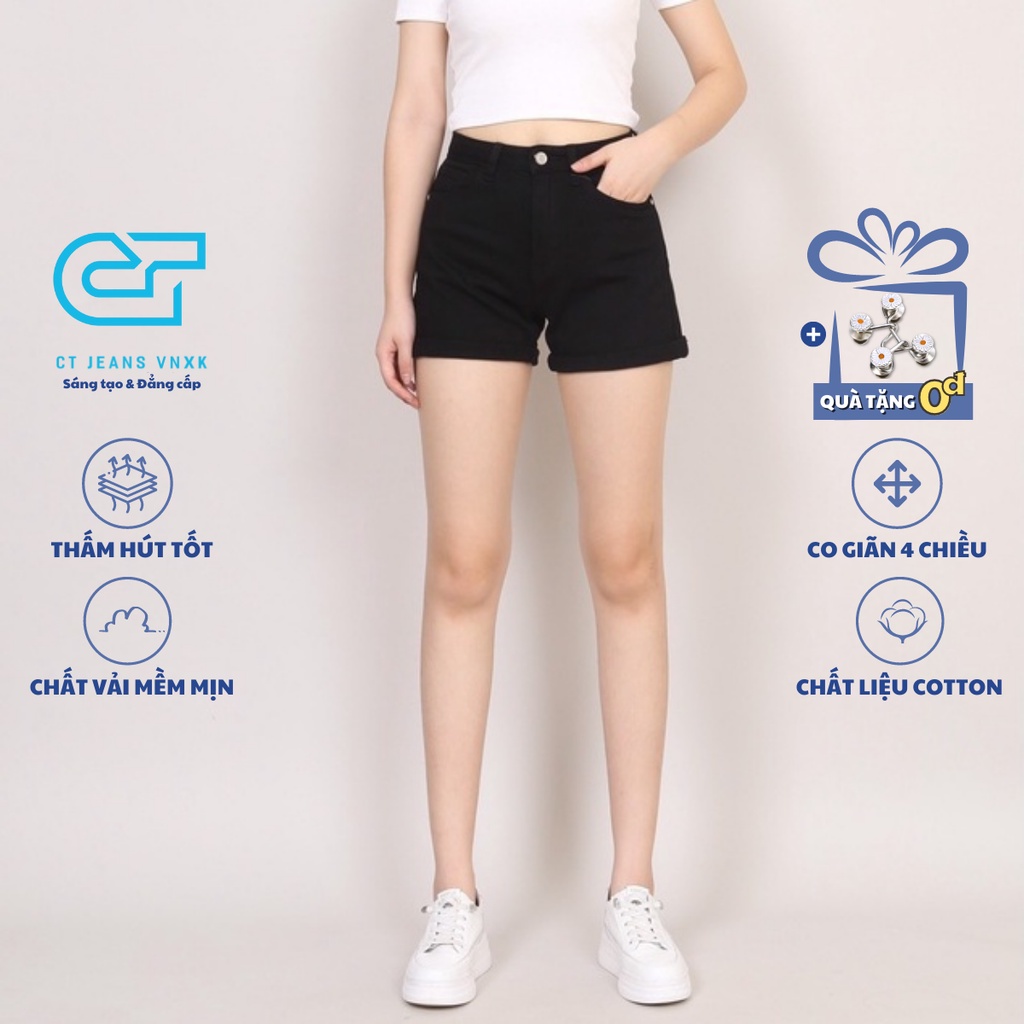 Quần Short Jean đen cạp cao co dãn gấu thường CT JEANS