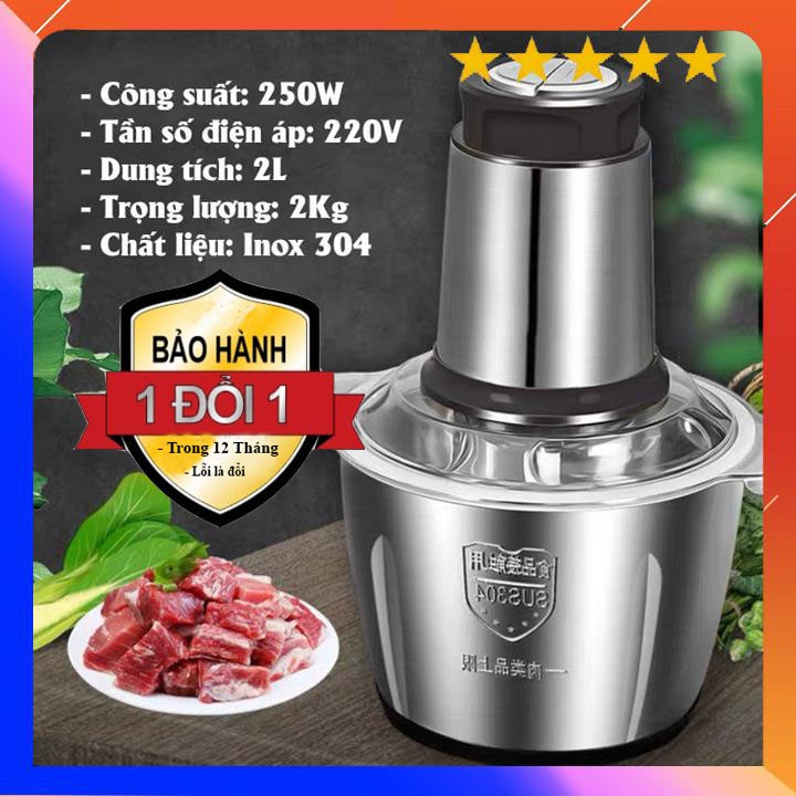 Máy Xay Thịt Đa Năng 2L Inox 304, Lưỡi Dao Thép Không Gỉ,Say Sinh Tố Thịt, Cá, Rau Củ Hoa Quả (CHẤT LƯỢNG CAO)