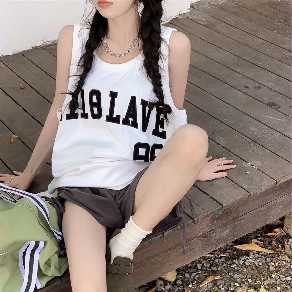 Áo thun thể thao ZHELIHANGFEI sát nách dáng rộng in chữ phong cách hip hop đường phố thời trang mùa hè cho nữ