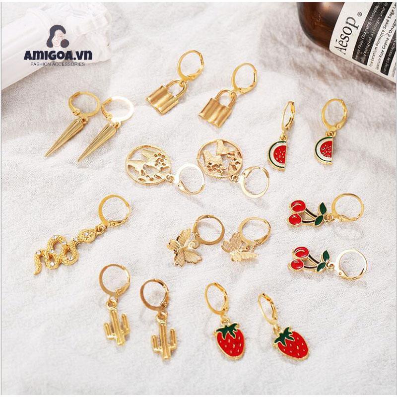 Bộ 9 Khuyên Tai Hình Trái Cây/Động Vật/Trái Cây Đơn Giản Sáng Tạo Cổ Điển Thời Trang