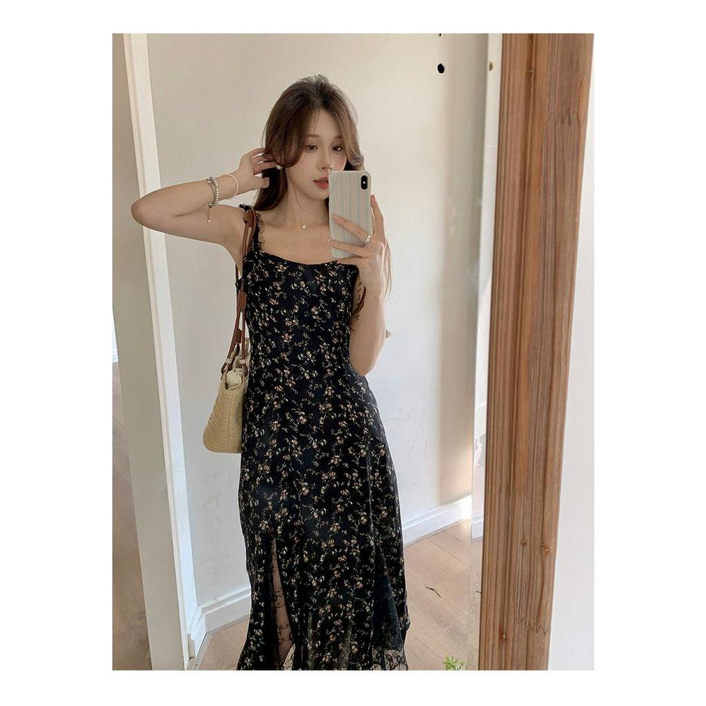 63802 Mùa Hè Phong Cách Mới Váy Ren Hoa Đen