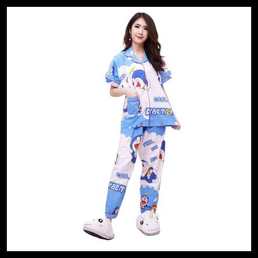 Bộ Đồ Ngủ Vải Cotton In Hình Doraemon Kiểu Nhật Bản Dễ Thương Cho Người Lớn