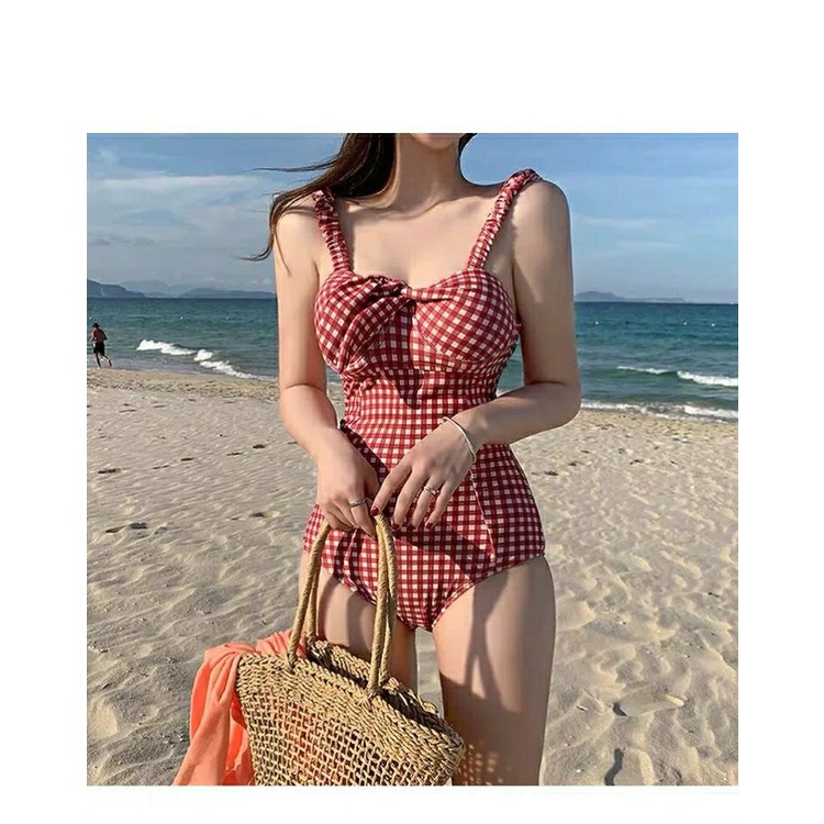 New Swimsuit Women's Bikini Red Plaid Fairy Style Student Steel Bracket Push upinsThin Fresh