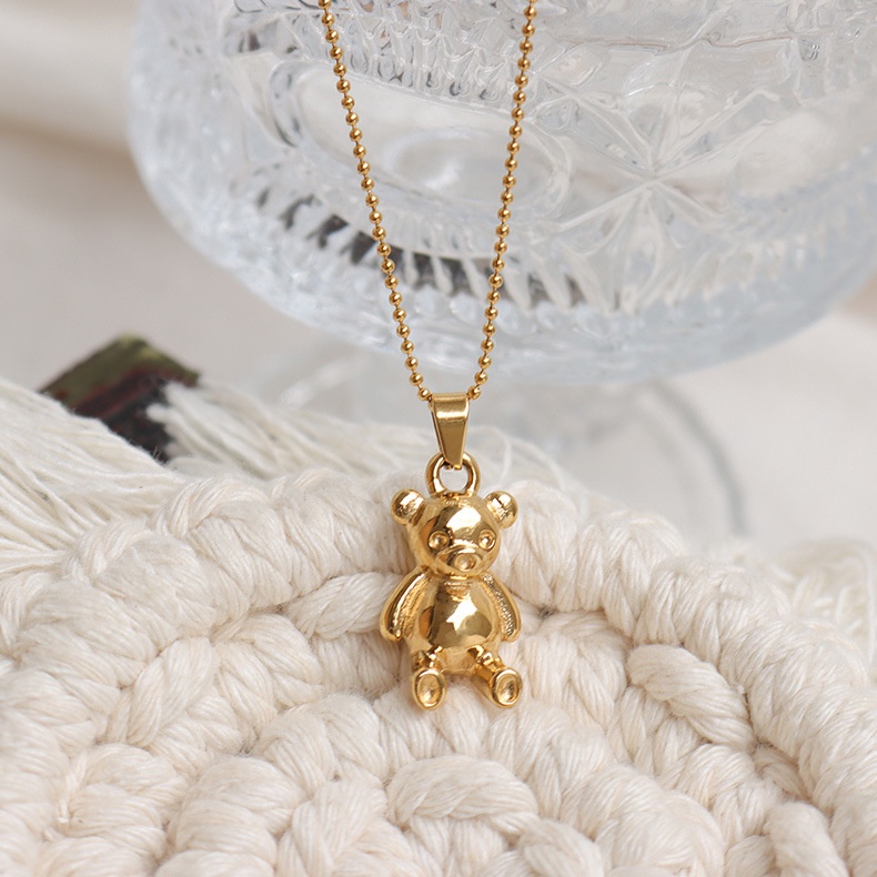 Vòng cổ Thép Titan Mạ Vàng 18K Mặt Hình Gấu Ba Chiều Dễ Thương Cho Nữ p586