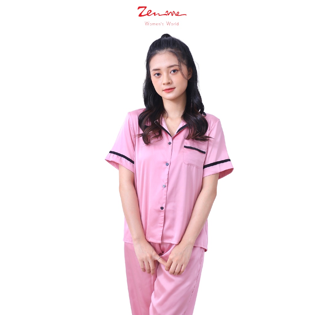 Đồ bộ nữ mặc nhà Zen Me bộ đồ ngủ pijama lụa tay cộc quần dài chất lụa latin cao cấp phối viền trẻ trung PJP1021