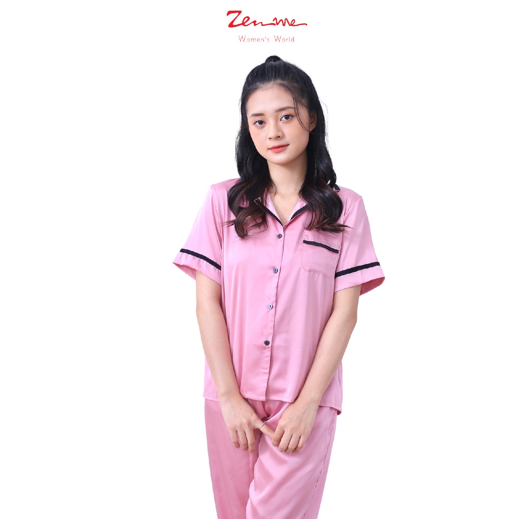 Đồ Bộ Nữ Mặc Nhà Phong Cách Pijama Chất Liệu Lụa Latin Áo Cộc Quần Dài PJP1021, Zen Me Women's World