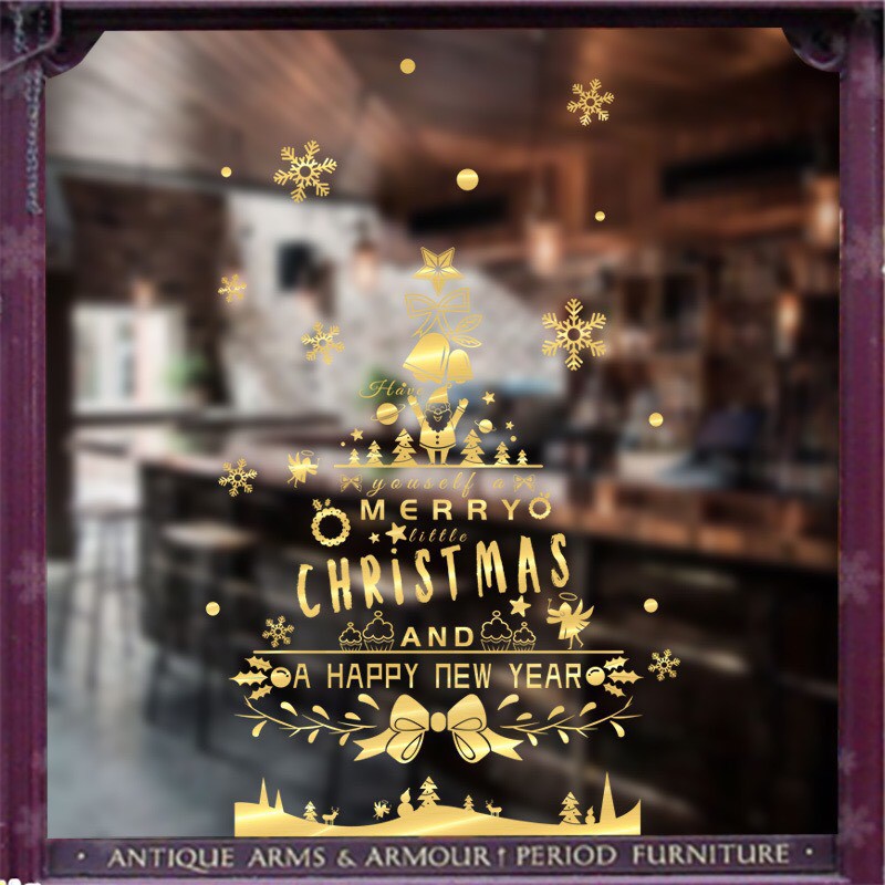 Decal trang trí tường Noel - Cây Thông Merry Christmas &amp; Happy new year ánh đồng cao cấp