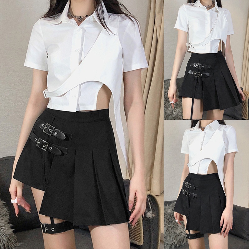 XIXI Chân váy ngắn mini màu đen lưng cao phối nịt bít tất phong cách Harajuku thời trang cho nữ