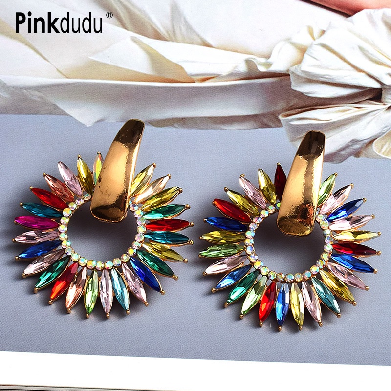Khuyên tai PINKDUDU PD773 dáng tròn đính đá hình hoa hướng dương thời trang