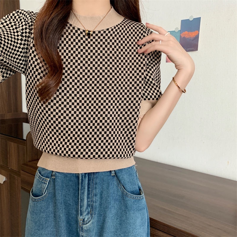 Áo dệt kim Pure Cube ngắn tay họa tiết kẻ sọc caro màu sắc tương phản thời trang mùa hè cho nữ