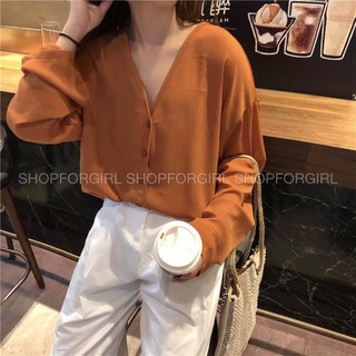 Áo len nâu tay dài cổ V-shopforgirl