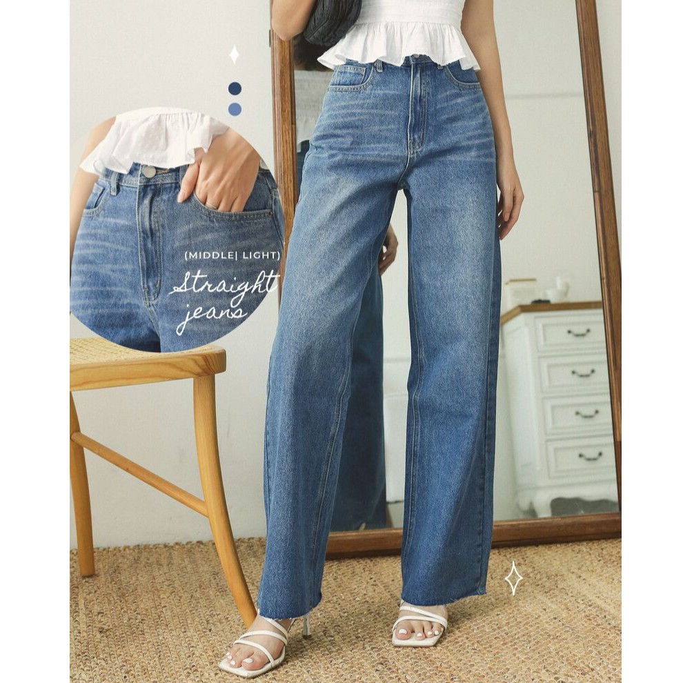 MIEU - Quần jeans ống rộng cắt lai (Xanh Đậm/ Nhạt) - GD05