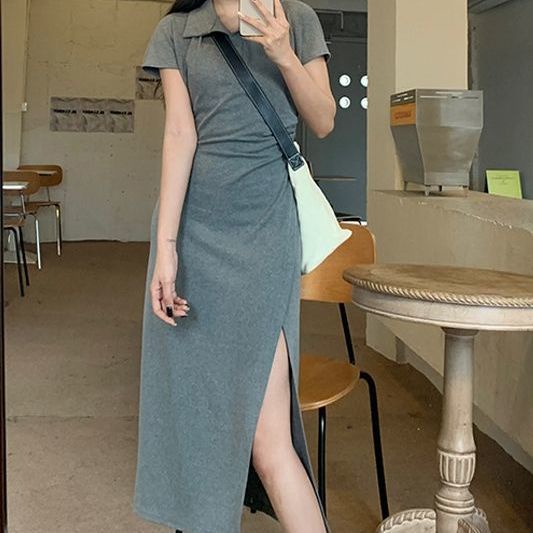 COZOK Đầm Tay Ngắn Cổ POLO Thiết Kế Xẻ Tà Form Ôm Tôn Dáng Quyến Rũ