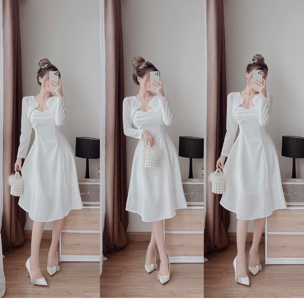 Đầm Dự Tiệc Màu Trắng 2 Dây Đắt Chéo Ngực , Đầm 2 Dây Kèm Áo Khoác Màu Trắng Tinh Khôi Dáng Midi