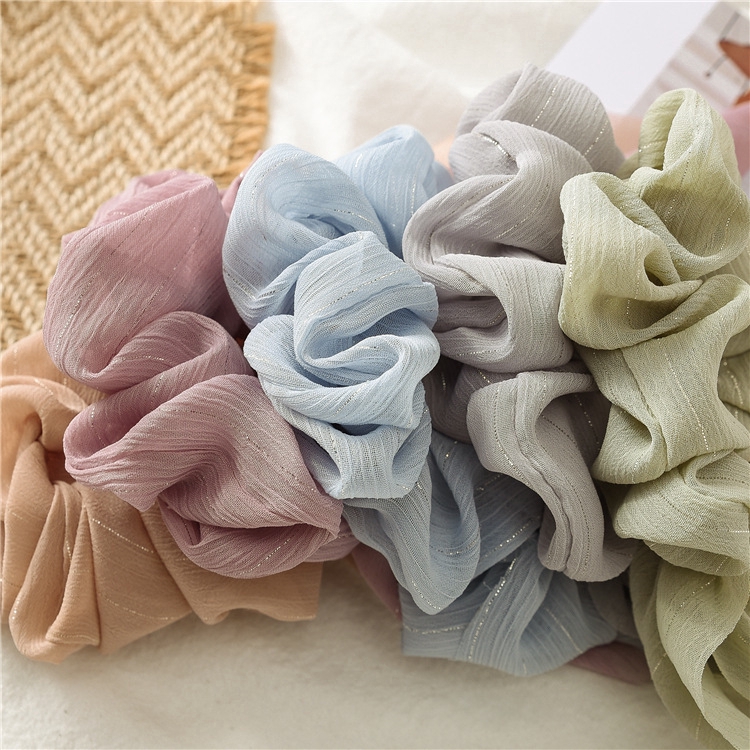Women Double Layer Candy Color Chiffon Bow Long Ribbon Scrunchie Hair Elastic Ties Ponytail Bands