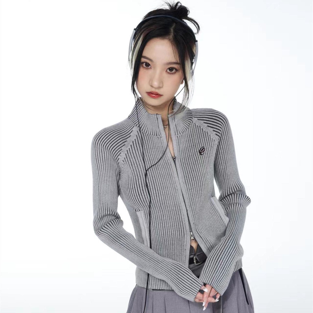 Áo Khoác Len Cardigan Hai Màu Dáng Ôm Thêu Họa Tiết Sọc Hai Màu Có Khóa Kéo Chất Lượng Cao Phong Cách Retro Mỹ Hàng Mới Dành Cho Bạn Nữ