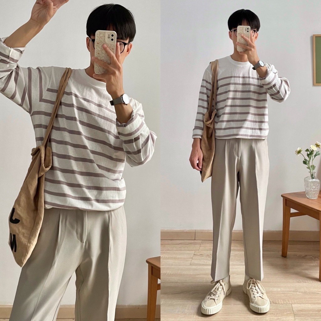 NOBITA HOME - Áo thun tay dài nam kẻ sọc dệt cotton 100% thoáng mát CHESHAM