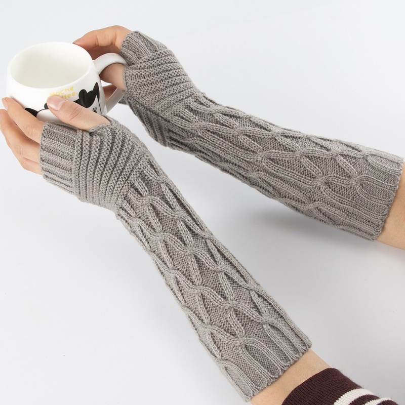 Găng Tay Len Dài Hở Ngón Màu Sắc Trơn Giữ Ấm Mùa Đông Cho Nữ