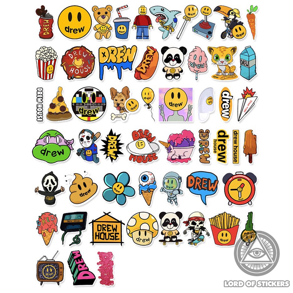 Set 54 Sticker DREW Cực Chất, Hình Dán Drew House Justin Bieber Chống Thấm Nước Trang Trí Mũ Nón Bảo Hiểm, Laptop, Vali