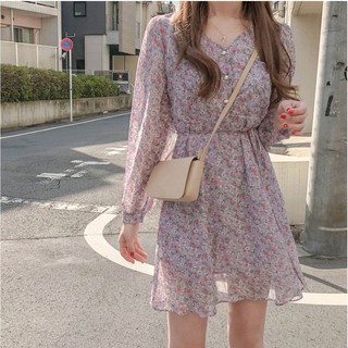 Flowery Korean dress - Váy tím cổ V hoa phong cách Hàn Quốc