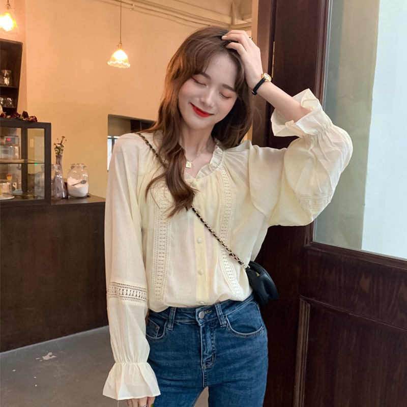 Áo sơ mi Chiffon cổ chữ V phong cách Retro