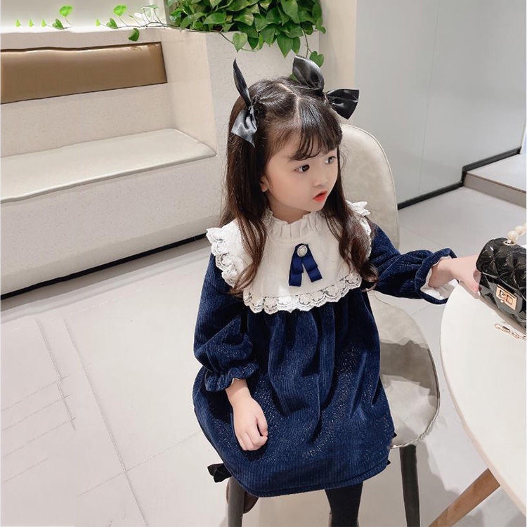 Đầm công chúa dài tay bằng vải nhung phong cách hoàng gia thời trang thu đông dành cho bé gái