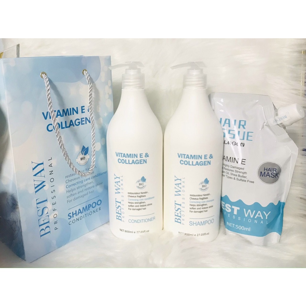 Cặp Dầu Gội Xa BEST WAY Vitamin E & Collagen 800Ml Nuôi Dưỡng, Phục Hồi Tóc Siêu Mượt. Hàng Chính Hãng