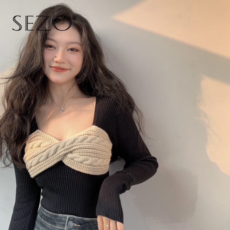 QKOOLE  Áo len tay dài cổ vuông màu đen phong cách Hàn Quốc thời trang cho nữ