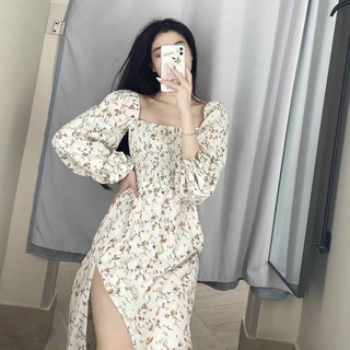 Đầm Hoa Nhún Thun Ngực Xẻ Đùi 🦋FREESHIP🦋 Váy Hoa Nhí Tay Dài Bồng Ngực Vuông Bó Eo LANI SHOP