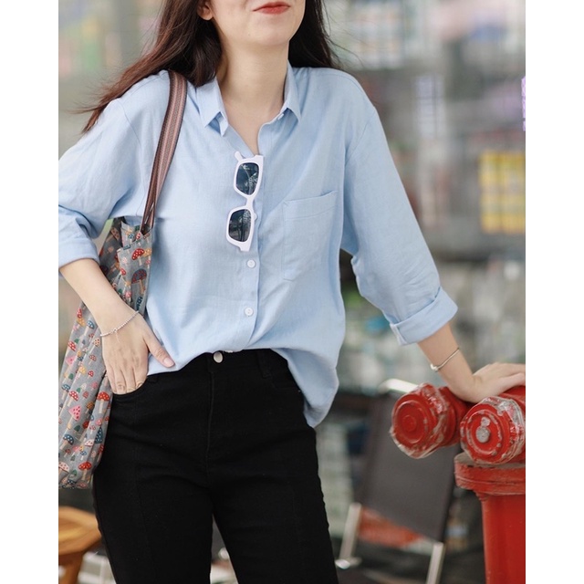 Áo sơ mi nữ form rộng RUCHAN tay dài linen kiểu dáng oversize basic có cổ thiết kế nhiều màu thời trang