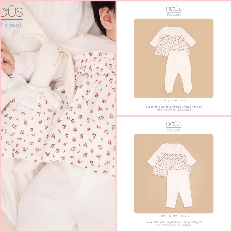 Set bộ áo dài quần dài phối họa tiết hoa hồng đỏ Nous dành cho bé gái
