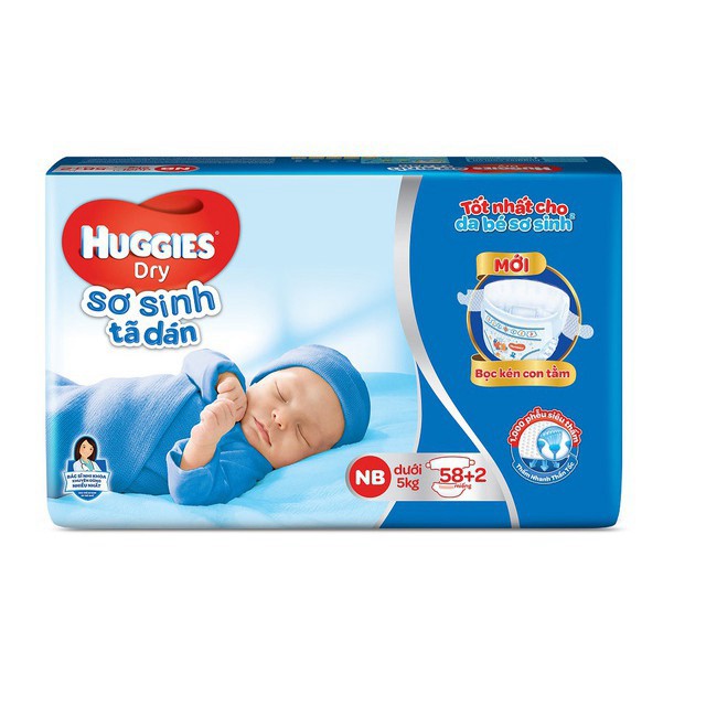 tuan0045 Tã dán sơ sinh Huggies mới 58-74 miếng NB58/NB74 (Cho bé dưới 5kg) tuan0045