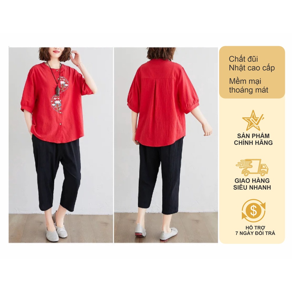 Áo trung niên mẫu áo nữ thêu họa tiết chất đũi phong cách hàn quốc Thời Trang Trung Niên U40+ ( SP15)