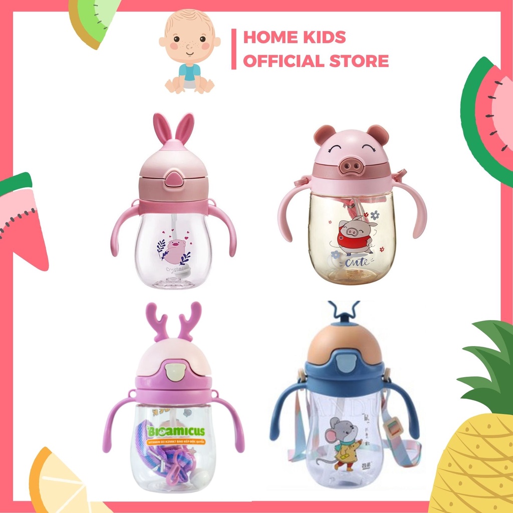 Bình Tập Uống Nước Nhiều Kiểu Kèm Dây Đeo Cho Bé Tặng kèm cọ rửa ống hút