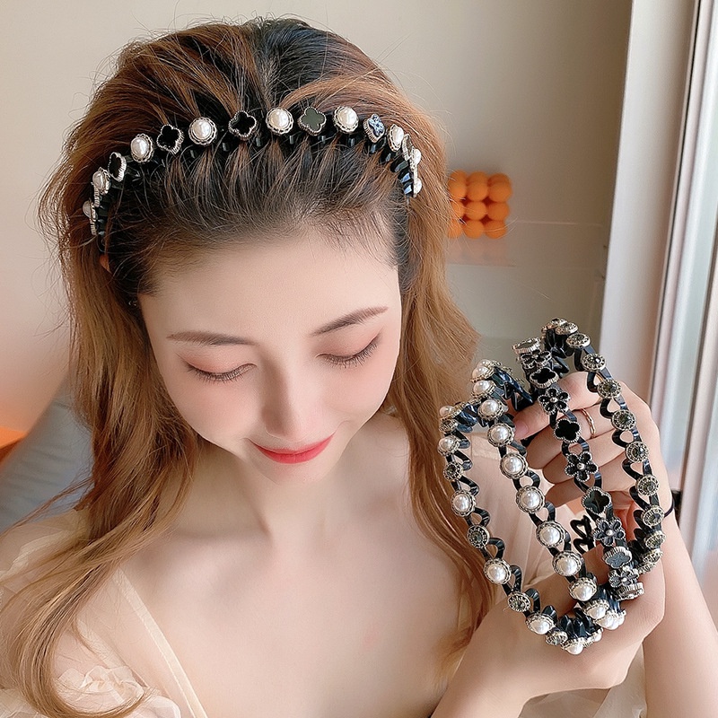 Băng Đô Cài Tóc Hình Cỏ Bốn Lá Đính Ngọc Trai Giả Thời Trang Cho Nữ