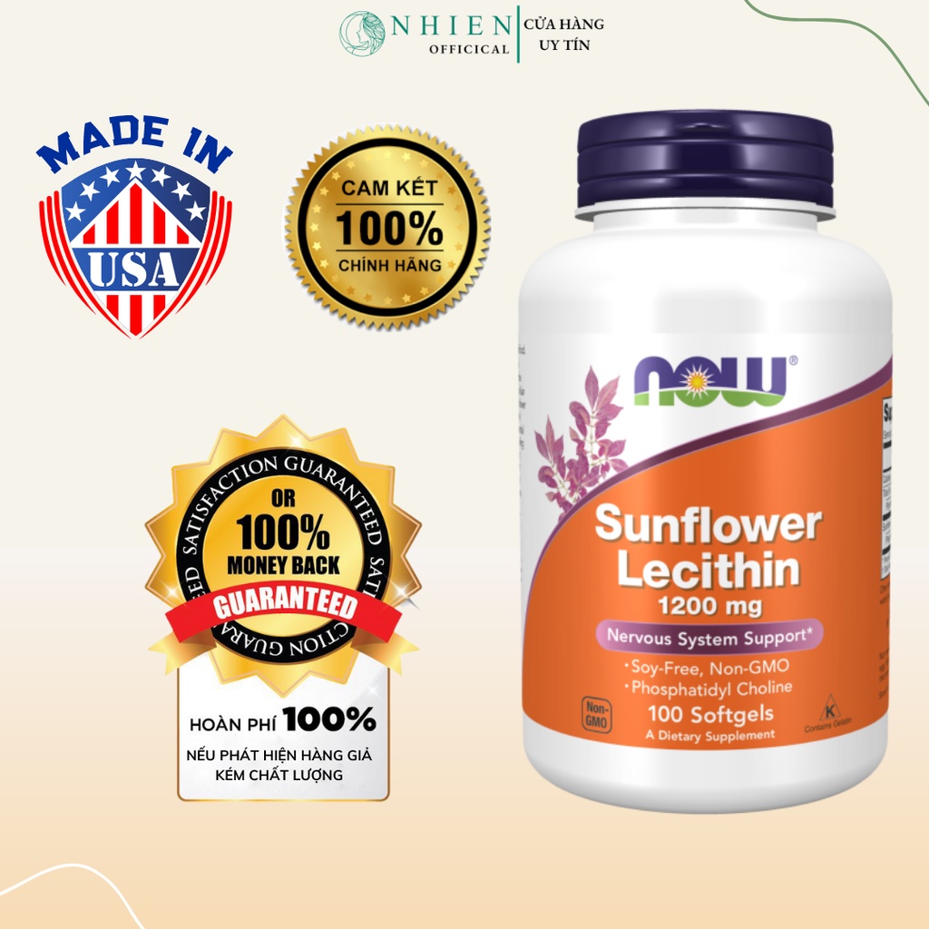 Viên uống chống tắc tia sữa Now Sunflower Lecithin 1200mg 100 viên