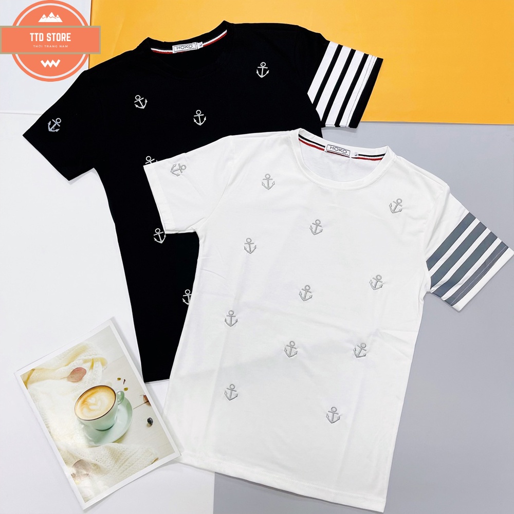 Áo thun nam nữ cổ tròn tay ngắn phối sọc tay cổ thêu hình mỏ neo áo chất cotton thoáng mát thời trang hè hot trend