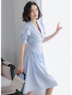 Đầm váy sơ mi sọc xanh bo eo (kèm hình thật)