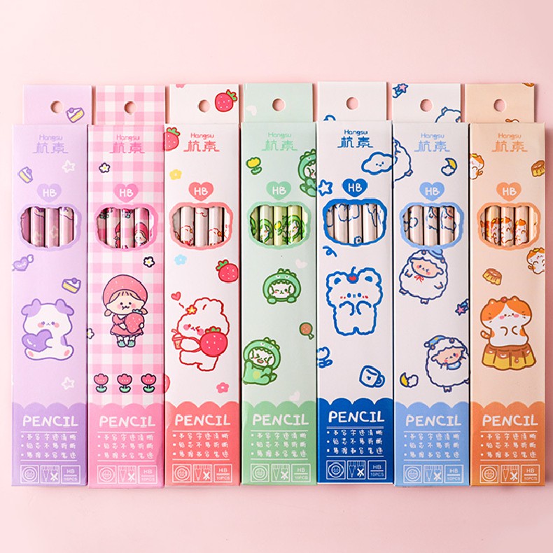 Set 10 bút chì Hb kèm gôm tẩy họa tiết hoạt hình dành cho học sinh