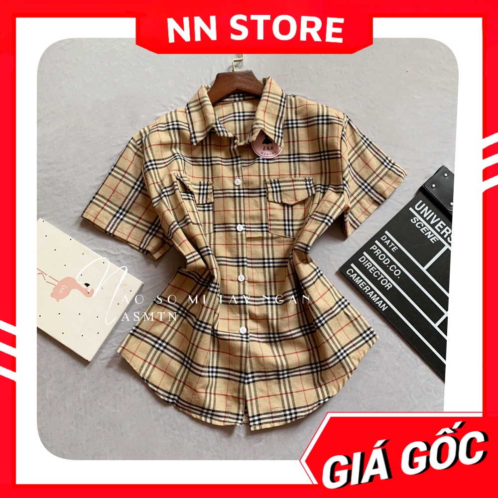Áo sơ mi tay ngắn cho nữ phối sọc kẻ BBR chất vải mềm thương